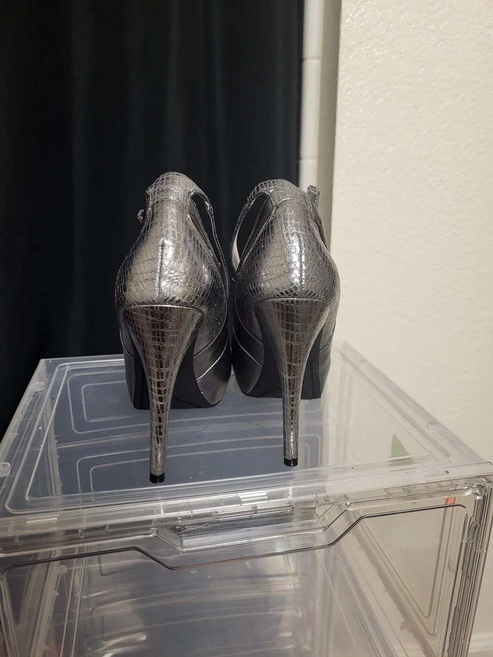 GUESS Metallic Pewter Peep-Toe Ankle Strap Heels